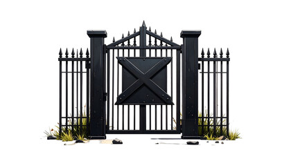 A dark, wrought-iron gate with a central X design, flanked by matching fencing