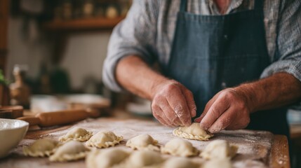 Person's hands kneading dough on a wooden table in a kitchen. the person is wearing a blue apron and a plaid shirt.