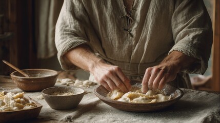Person's hands kneading dumplings in a wooden bowl on a table. the person is wearing a long-sleeved shirt and appears to be in the process of making a dumpling.