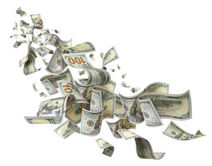 Flying hundred dollar bills, isolated on transparent cutout background