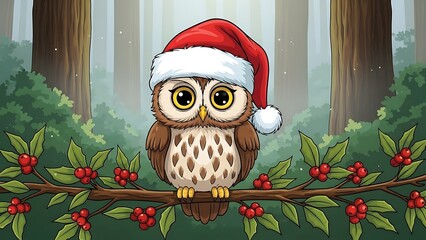 Cute Cartoon Owl Wearing Santa Hat in Festive Forest