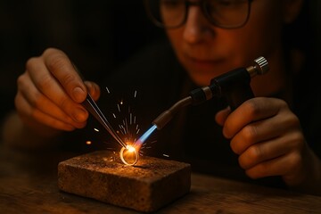 Jeweler Soldering a Metal Ring with a Torch, Creating Sparks