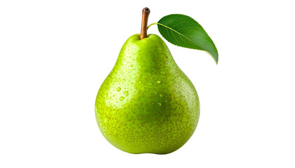 A vibrant green pear, isolated on black, with stem, leaf, and water droplets