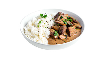 A white bowl presents rice with beef and mushroom stew, a culinary delight