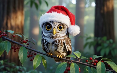 Adorable Owl Wearing Santa Hat Perched on Berry Branch
