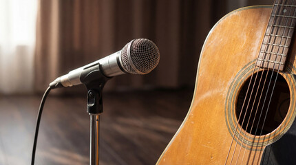 Vintage acoustic guitar with metal microphone on stand in warm natural light against soft curtain background on wooden stage floor