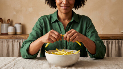 Smiling woman preparing fresh yellow beans at rustic kitchen table, snapping vegetables into ceramic bowl for healthy home cooking