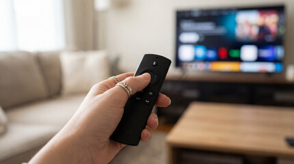Person holding remote control in cozy living room while browsing streaming content on television in soft natural daylight
