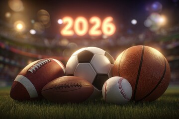 Sports Balls on Stadium Grass with 2026 Championship Atmosphere