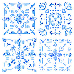 A hand-drawn watercolor blue square with a Mediterranean-style ornament. Blue and white title design in azulejo style use as print, decoration, postcard, element design, textile, package, fabric.