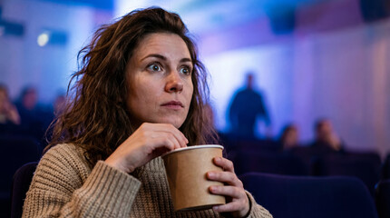 Young woman watching intense movie scene in dark cinema auditorium while eating popcorn from paper cup with focused expression