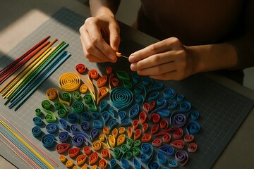 Close-up of Hands Crafting Vibrant Paper Quilling Art