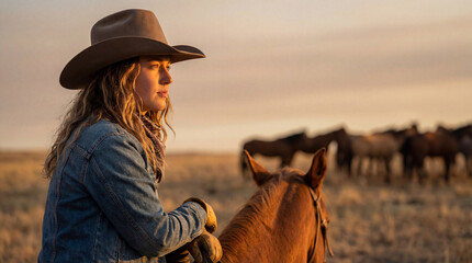 Female cowboy riding horse at sunset on open prairie, thoughtful woman in denim jacket watching distant grazing herd
