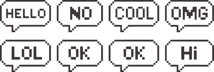 Pixelated speech bubbles with internet slang in monochrome