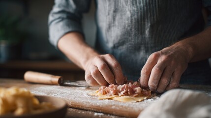 Person's hands kneading dough on a wooden cutting board. the person is wearing a blue apron and appears to be in the process of making a dish.