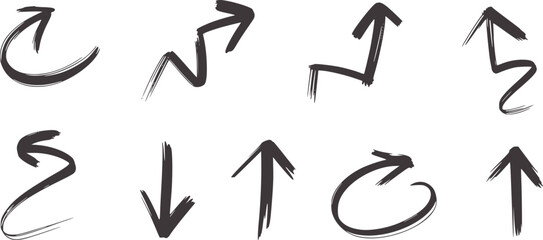 Seven hand drawn black brushstroke arrows in various styles