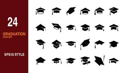 Graduation cap icon collection in clean black silhouette style. Education and academic symbols for school, learning, and success theme