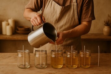 Handmade Candle Making: Pouring Wax into Jars