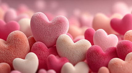 Close-up macro photography of velvety, textured hearts in pink and cream tones. A bright pink heart pops in the foreground against a softly blurred pastel background