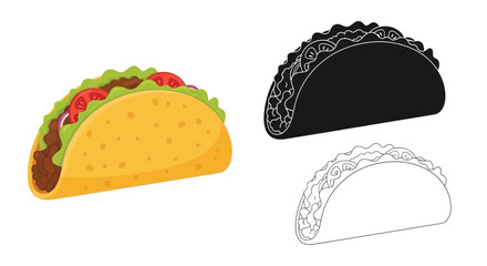 Colorful taco illustration alongside its black silhouette and line art version