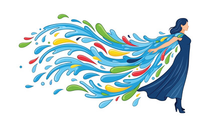 A woman with flowing water transforming into a colorful dynamic cascade