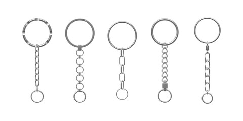 A set of keychain hardware, metal rings with chains, chrome-plated silver, various shapes.
