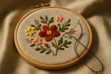 Beautiful Hand Embroidered Floral Design with Needle and Thread