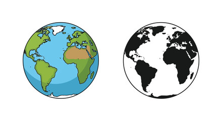 Two illustrations of earth a colored globe and a black and white version