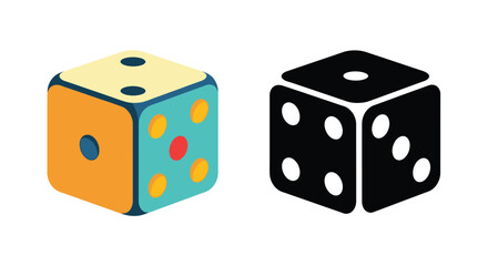 Colorful and monochrome dice illustrations showing different sides and spot arrangements