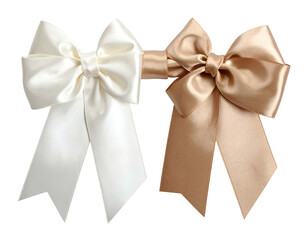 Two elegant, silk bows side-by-side ivory and champagne, with tails, isolated on black