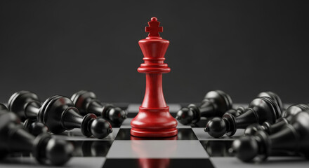 Red chess king standing among fallen black pawns on board representing victory and leadership