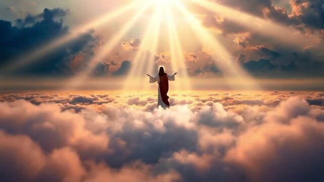 Ascension of Jesus Christ Standing on Clouds with Open Arms in Heaven