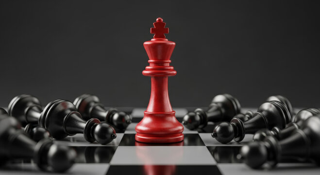 Red chess king standing among fallen black pawns on board representing victory and leadership