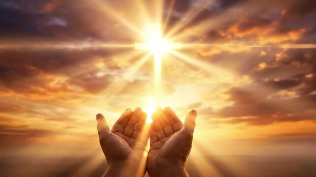 Human Hands Cupped Holding a Glowing Cross at Sunset Symbolizing Prayer