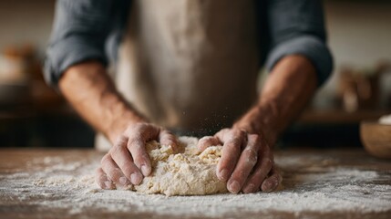 Person's hands kneading dough on a wooden table. the person is wearing a beige apron and appears to be in the process of making a pizza. the dough is light brown in color and has a rough texture.