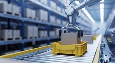 Robotic Arm Picking up Box in Smart Warehouse Automation, Industry 4.0