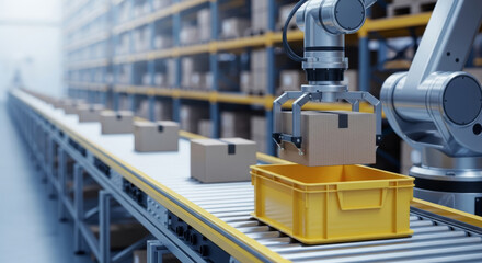 Robotic Arm Sorting Packages Automated Warehouse, Logistics & Industry 4.0 Technology