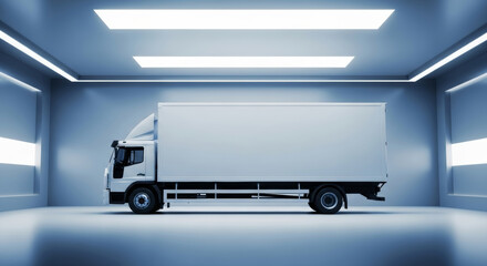 Side view of blank white delivery truck mockup in blue studio for logistics