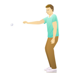 Petanque player cartoon character throwing a  ball isolated on white background.
