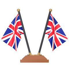 Two small Union Jack flags on a desk stand 3D Icon Illustration. Low Poly Style.