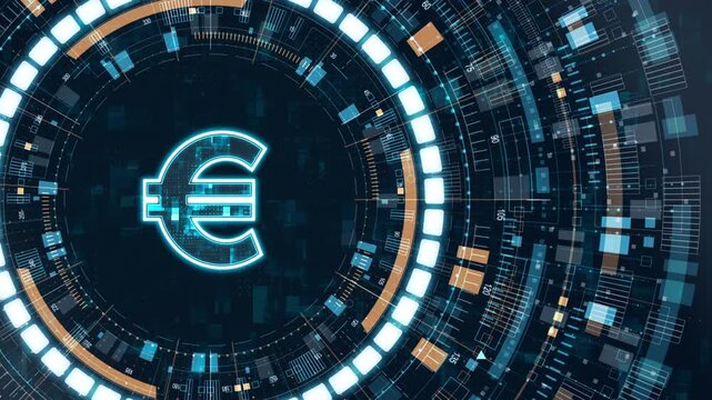 Motion graphic of a glowing euro currency symbol inside a rotating HUD ring, illustrating modern digital finance, European economy concepts, and futuristic fintech motion design.