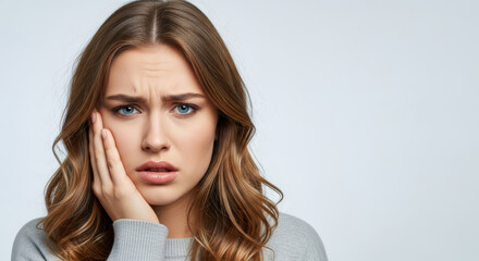 Young woman suffering from toothache or jaw pain, holding her cheek in discomfort