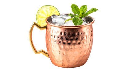 A refreshing, cold cocktail in a copper mug, garnished with lime and mint