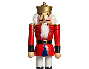 Wooden figure of a soldier-like character in a red coat, gold crown, and white beard