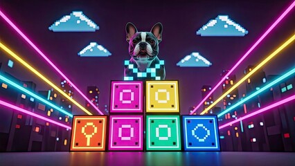 French Bulldog Perched on 8-Bit Blocks in Neon Pixelated Cityscape, Nostalgic Charm 