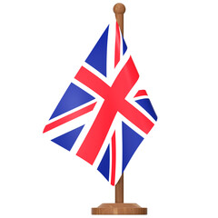 Small Union Jack flag on a wooden stand 3D Icon Illustration. Low Poly Style.