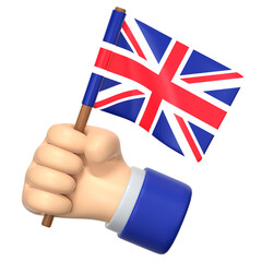 Hand holding a small Union Jack flag. 3D Icon Illustration. Low Poly Style.