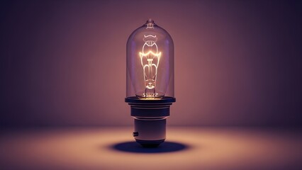 A single glowing incandescent light bulb in a dark room with warm lighting