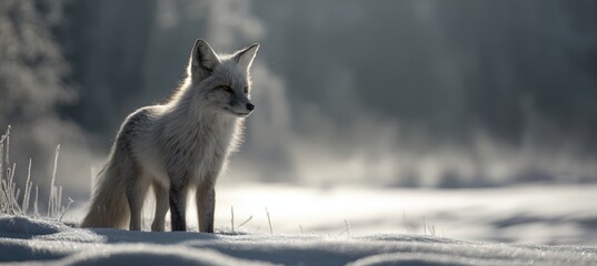 Obraz premium Photorealistic Fox in Snowy Clearing with Soft Backlight Haze