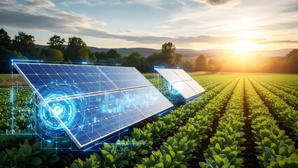 Solar Panels Over Agricultural Field with Holographic Data Interface at Sunset
